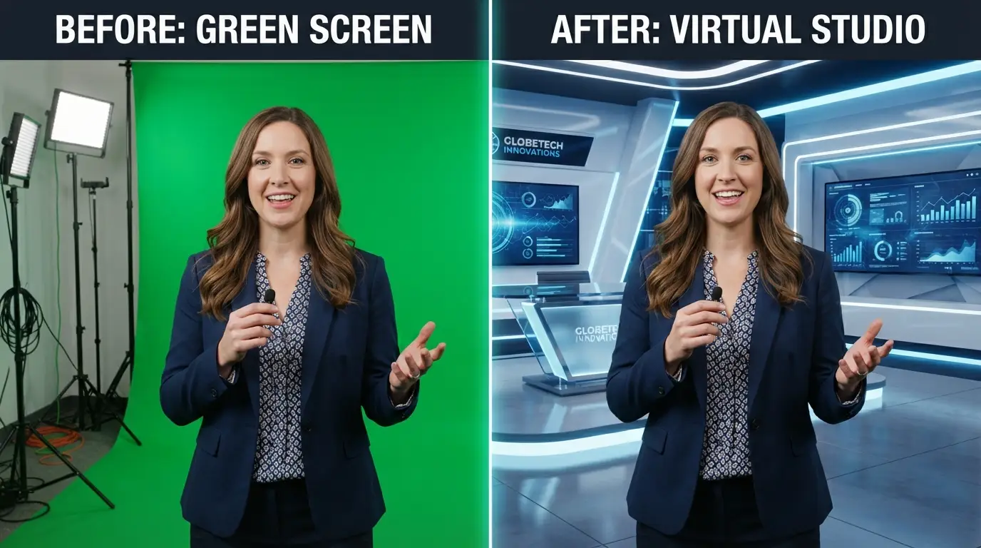 Before and after chroma keying: presenter on green screen and the same shot with a virtual background