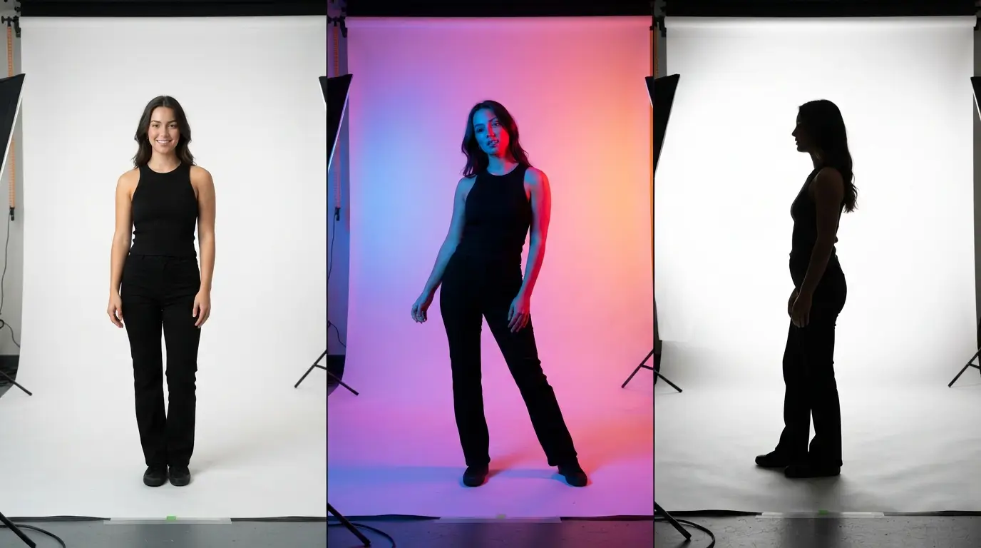 Three lighting styles on a white cyclorama: high-key, coloured gels and silhouette