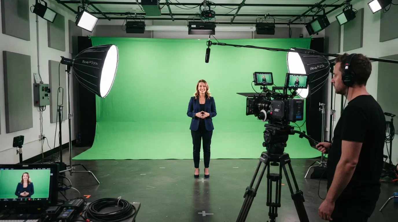 Presenter on a green screen set at a chroma studio in Gurgaon