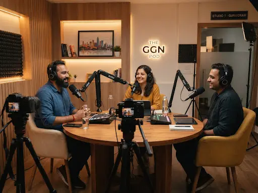 Podcast set at Shutterdeck Gurugram with two chairs, mics and lights