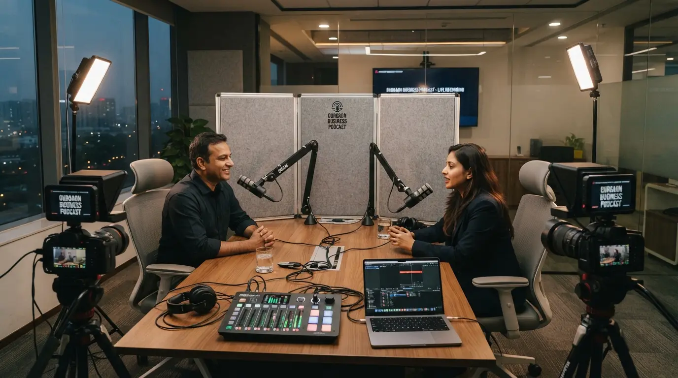 Mobile video podcast setup with cameras and mics inside a corporate office