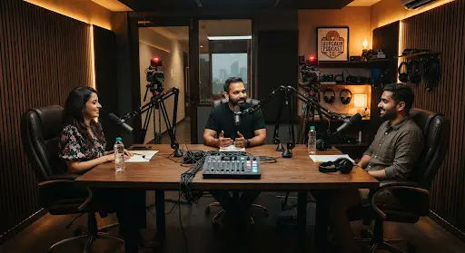 Video podcast studio in Gurgaon with chairs, podcast mics and lights