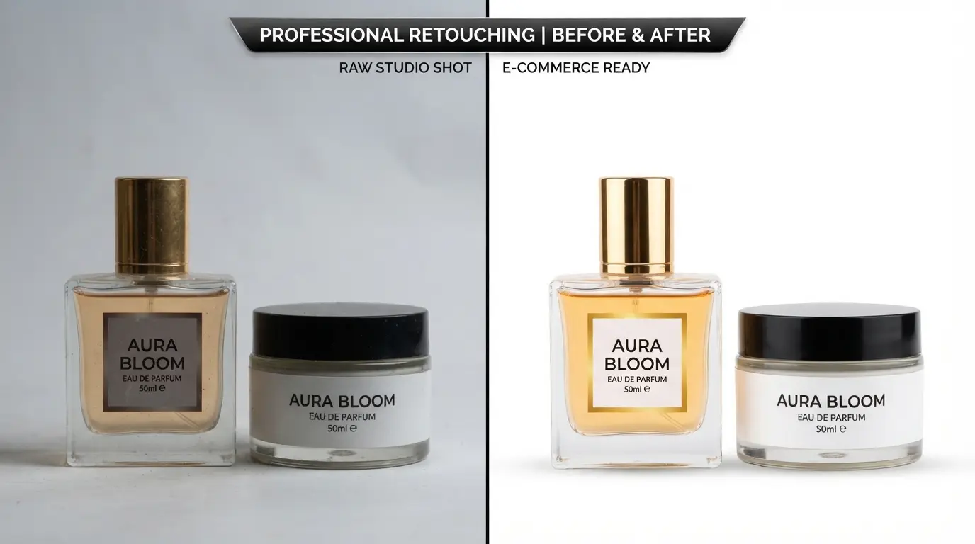 Before and after product retouching for e-commerce on a white background