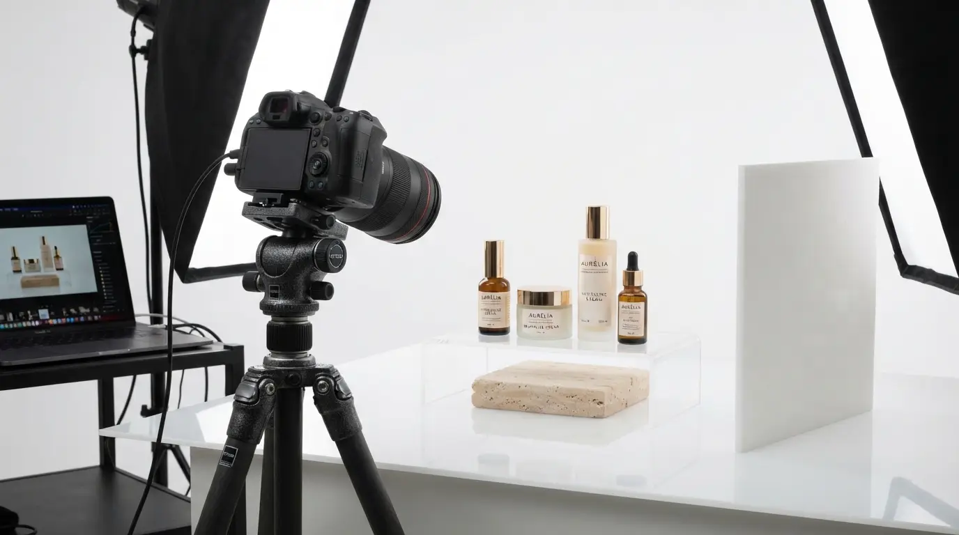 Product photography setup with skincare bottles and studio lights in Gurgaon